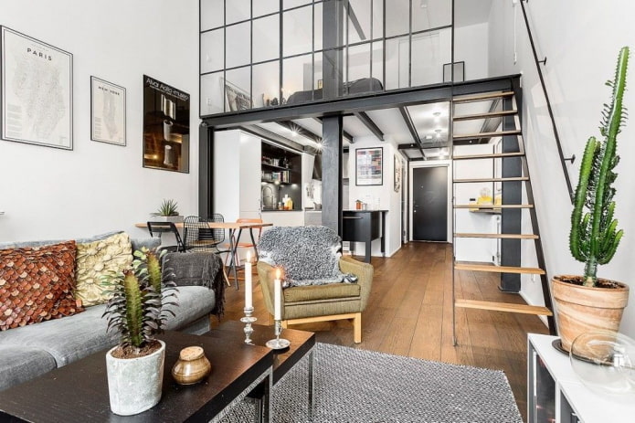 interieurontwerp van een studio met twee verdiepingen