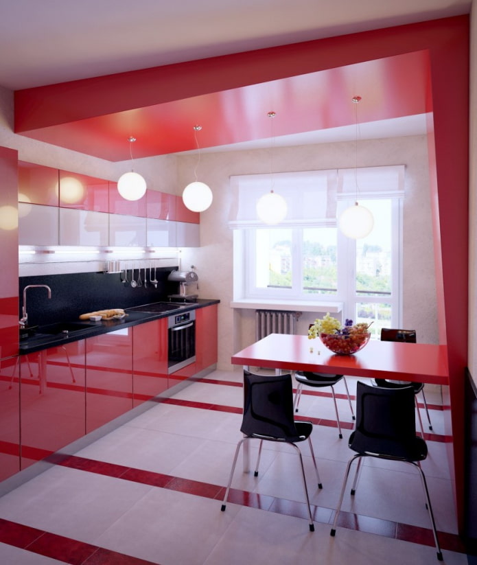 Rood ontwerp met twee niveaus in de keuken