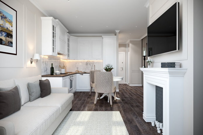 keuken-woonkamer met open haard