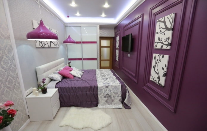 wit en lila slaapkamerinterieur