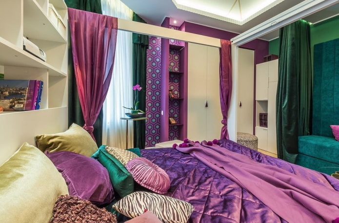 lila-groen slaapkamerinterieur