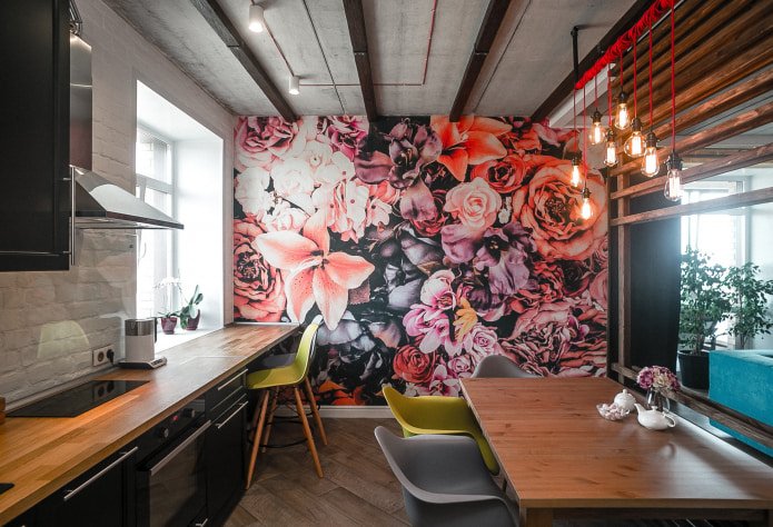 loft keuken met fotobehang