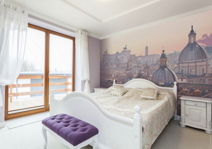fotobehang met een stad op de muur in de slaapkamer 