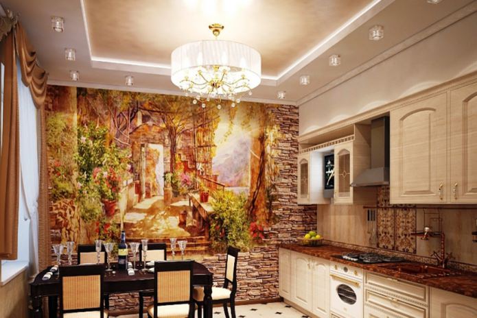 fresco op een stenen accentmuur in de keuken