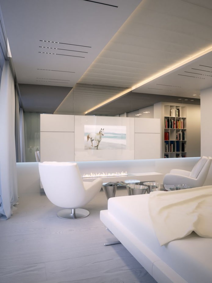 slaapkamer-woonkamer met open haard