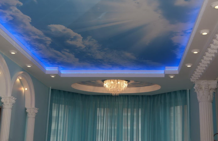 blauw spanplafond met fotoprint
