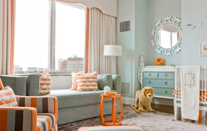 Oranje en blauw kinderkamerinterieur in een moderne stijl