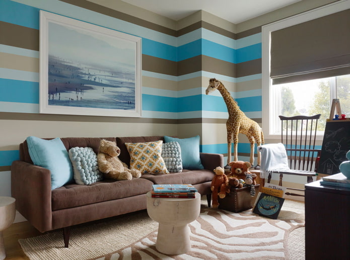 bruin en blauw interieur van een kinderkamer