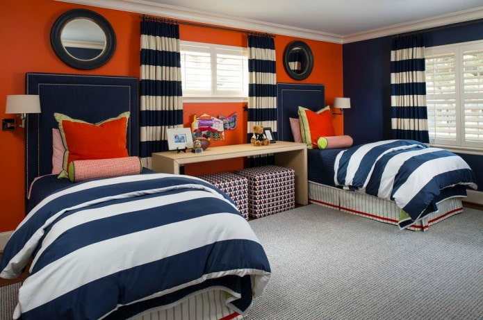 blauw en oranje interieur van de kinderkamer