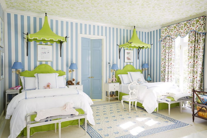 groen en blauw interieur van een kinderkamer