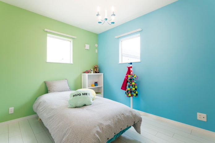 groen en blauw interieur van een kinderkamer