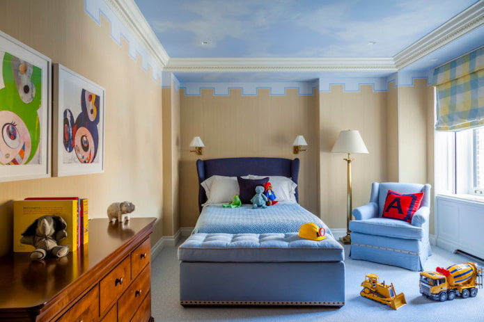 beige en blauw interieur van de kinderkamer