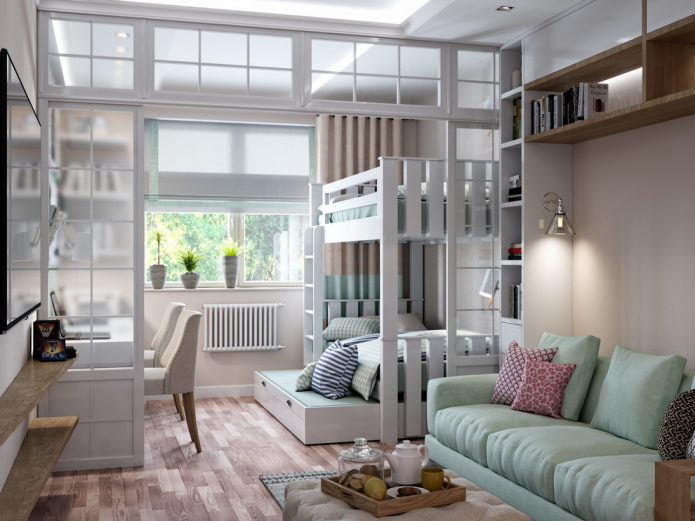 planning van een gecombineerde kinderkamer en woonkamer