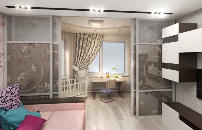 interieur van een kleine woonkamer gecombineerd met een kinderkamer