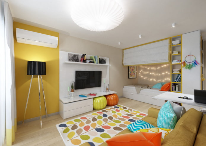 interieur van een kleine woonkamer gecombineerd met een kinderkamer