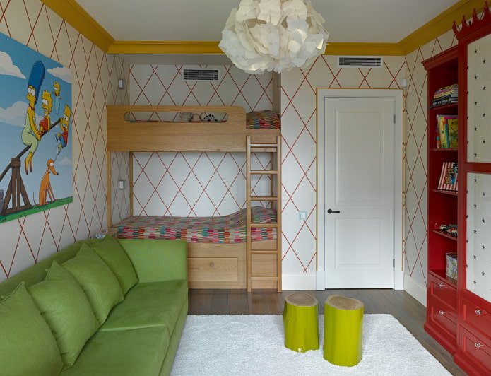 interieur van een kleine woonkamer gecombineerd met een kinderkamer