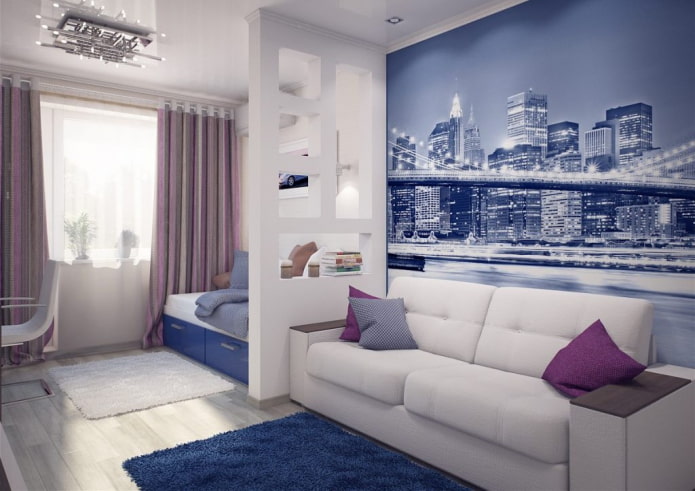 interieur van een kleine woonkamer gecombineerd met een kinderkamer