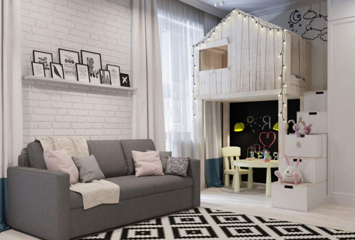 interieurontwerp van een gecombineerde kinderkamer en woonkamer