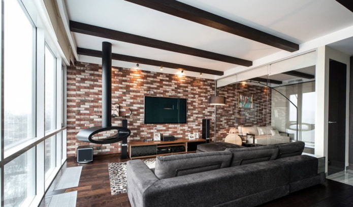 open haard en tv in het interieur van de woonkamer in een moderne stijl