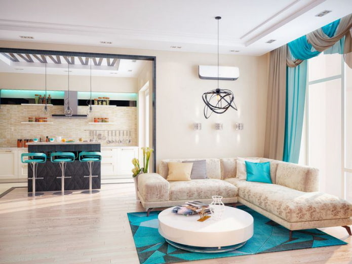 woonkamerinterieur in turquoise en beige tinten
