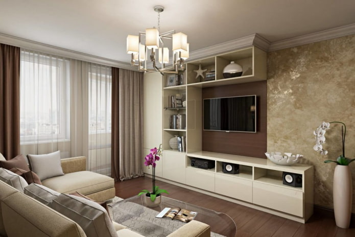 woonkamerinterieur in bruine en beige tinten