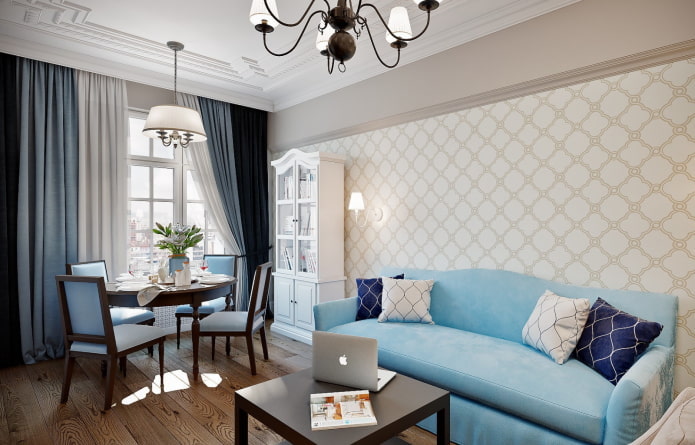 woonkamerinterieur in beige en blauwe tinten