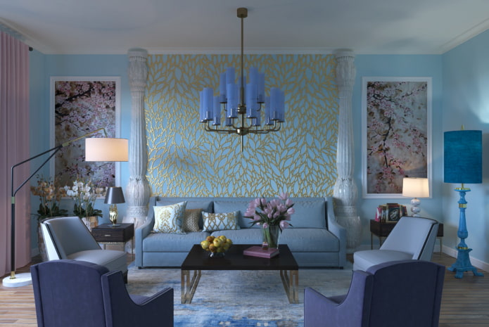 decoratie en textiel in het interieur van een blauwe woonkamer