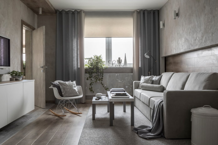 afwerking in het interieur van een grijze woonkamer