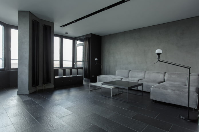 interieur van een grijze woonkamer in minimalistische stijl