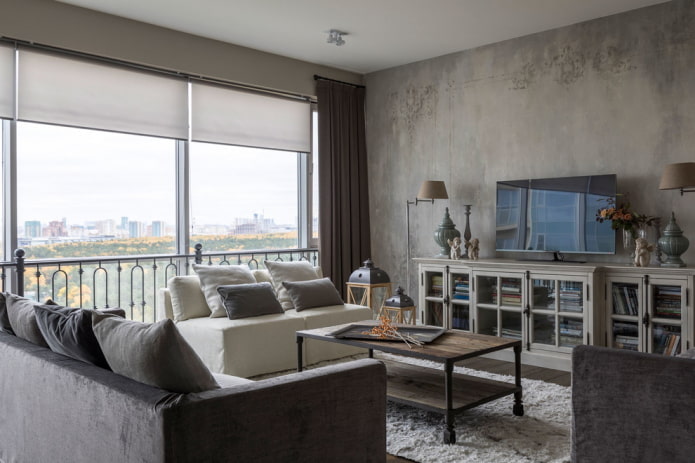 meubels in het interieur van een grijze woonkamer