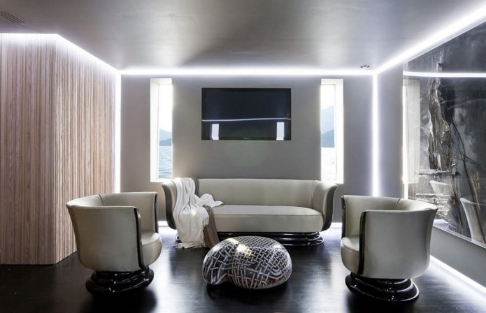 interieur van een grijze woonkamer in hightech-stijl