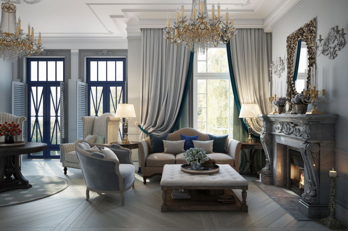 interieur van een grijze woonkamer in klassieke stijl