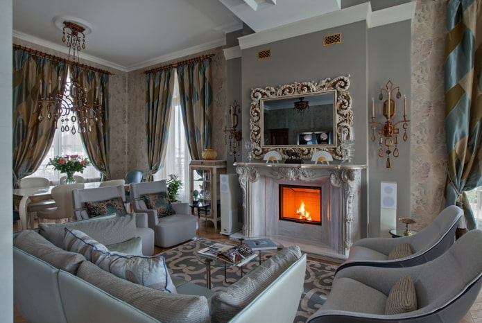 interieur van een grijze woonkamer in klassieke stijl