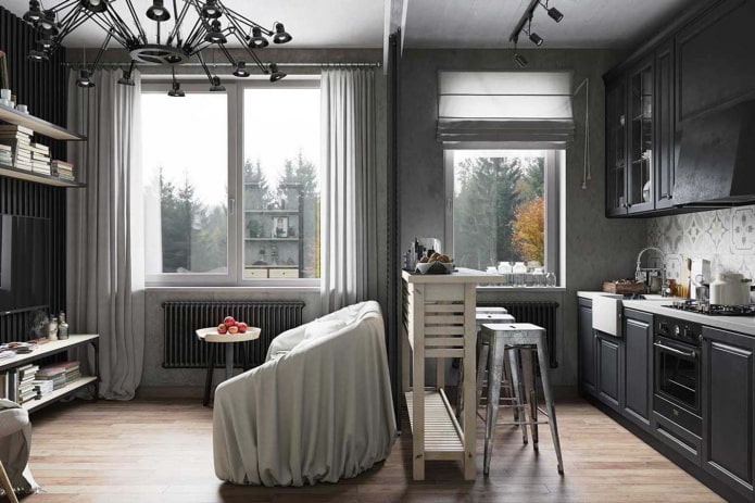 interieur van een grijze woonkamer in loftstijl