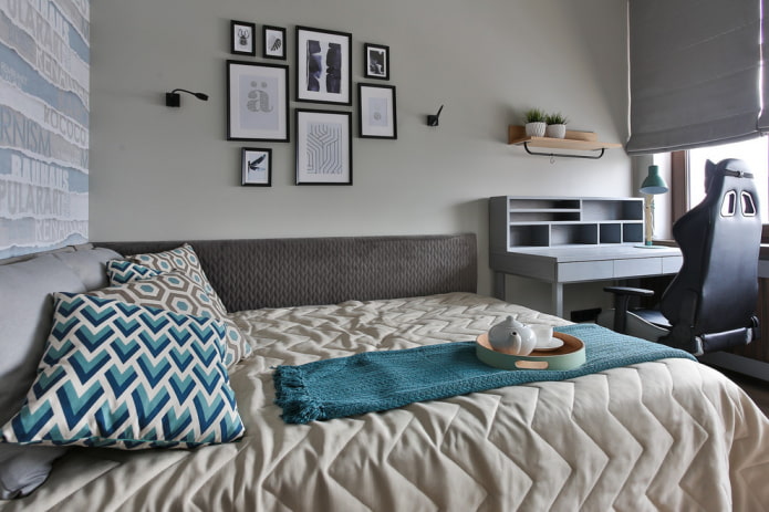 ontwerp van een grijze kamer voor een tiener