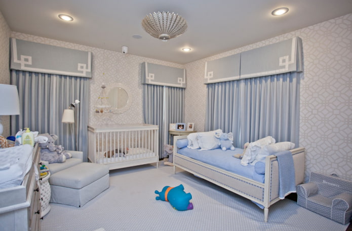interieur van een blauwgrijze kinderkamer