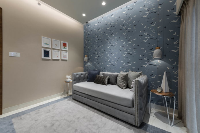 interieur van een beige en grijze kinderkamer