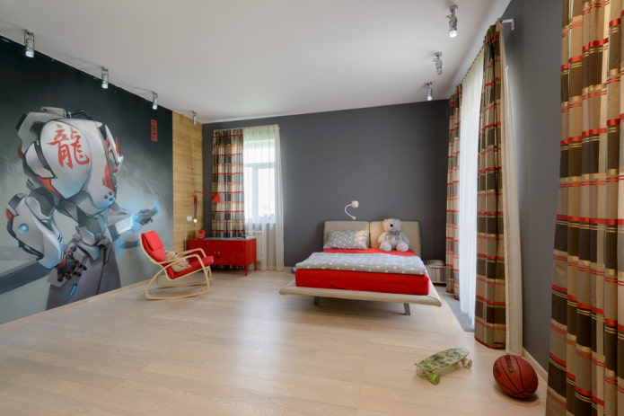 interieur van een beige en grijze kinderkamer