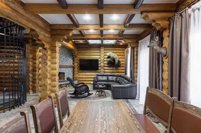 meubels en decoratie in het interieur van een blokhut