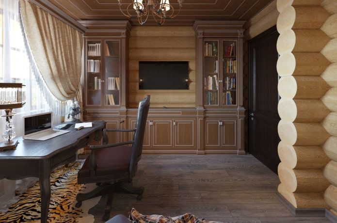ontwerp van een studeerkamer in het interieur van een blokhut