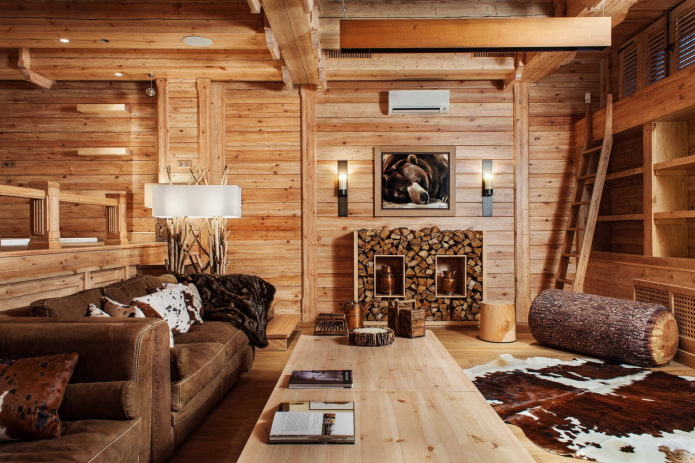 interieur van een blokhut in chaletstijl
