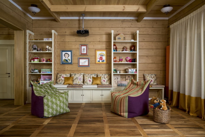 ontwerp van een kinderkamer in het interieur van een blokhut