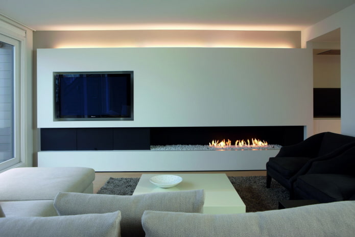 open haard in het interieur van de woonkamer in minimalistische stijl