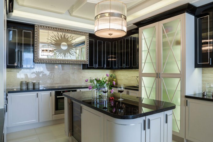 art deco keuken met zwart-witte meubels