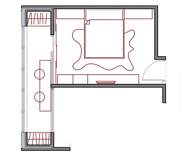Slaapkamerindeling 14 m2 met balkon