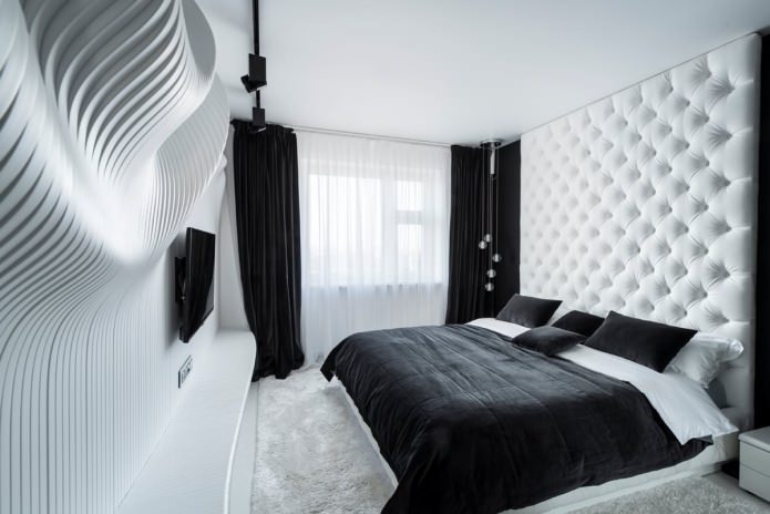 Slaapkamerinterieur in zwart-wit