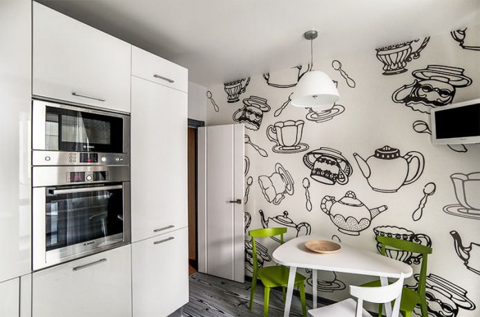 Zwart-wit keukeninterieur met een toevoeging van groen