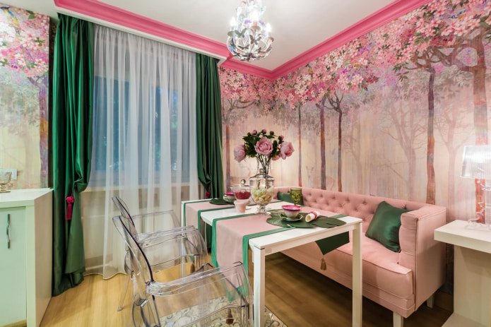 roze fotobehang met afbeelding van een bloeiende tuin