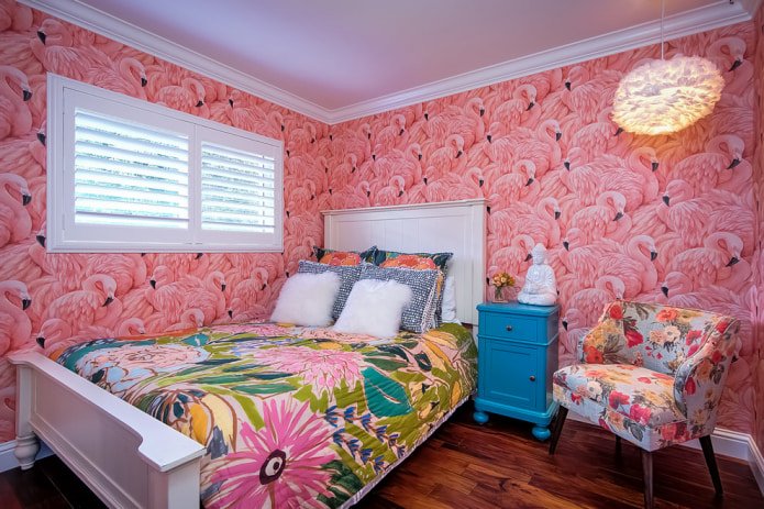 behang met roze flamingo's