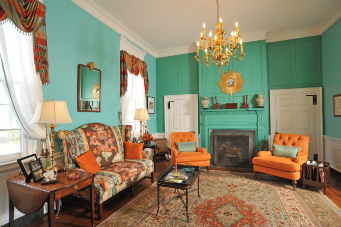 oranje-turquoise woonkamer